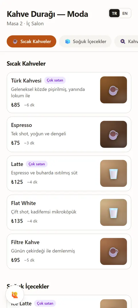 Misafirin telefonunda kafe menüsü